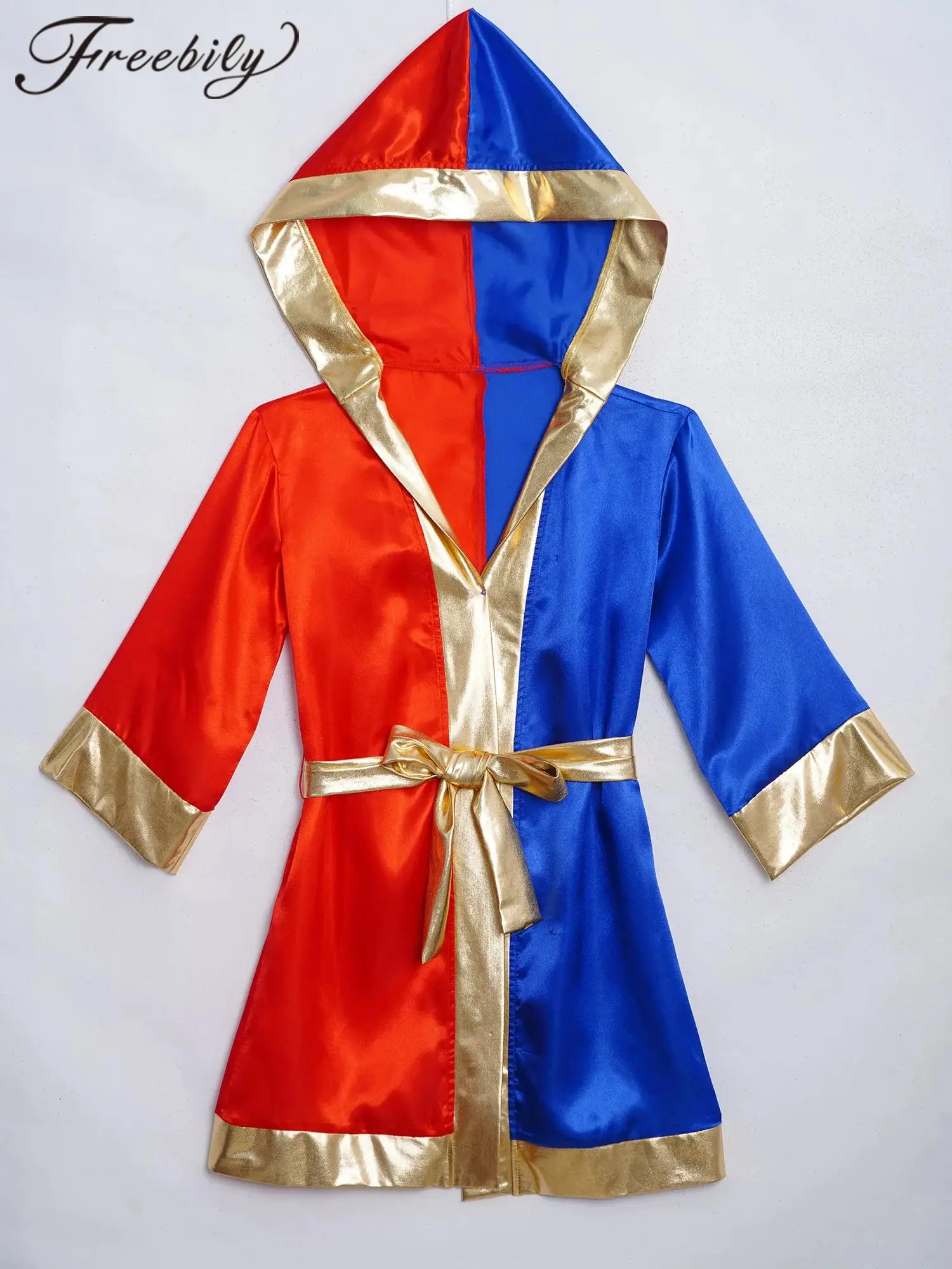 

Children Boys Muay Thai Fight Grappling Costume Bjj Pugilism Boxing Robes Kids Sportwear Hooded Boxer Robe with Metallic Belt