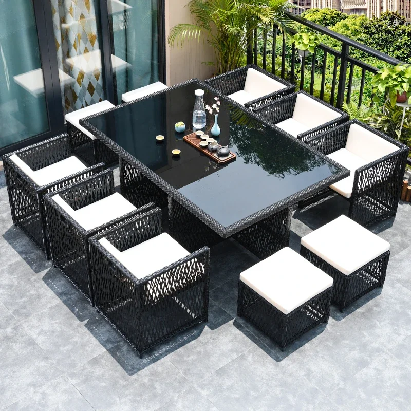 Storage outdoor table and chair rattan combination open-air balcony garden outdoor leisure space saving table and chairs