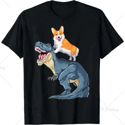 Corgi Riding Dinosaur Funny Dog Graphic T Shirts Round Neck and Short Sleeve Shirt Gift for Women Men Teens