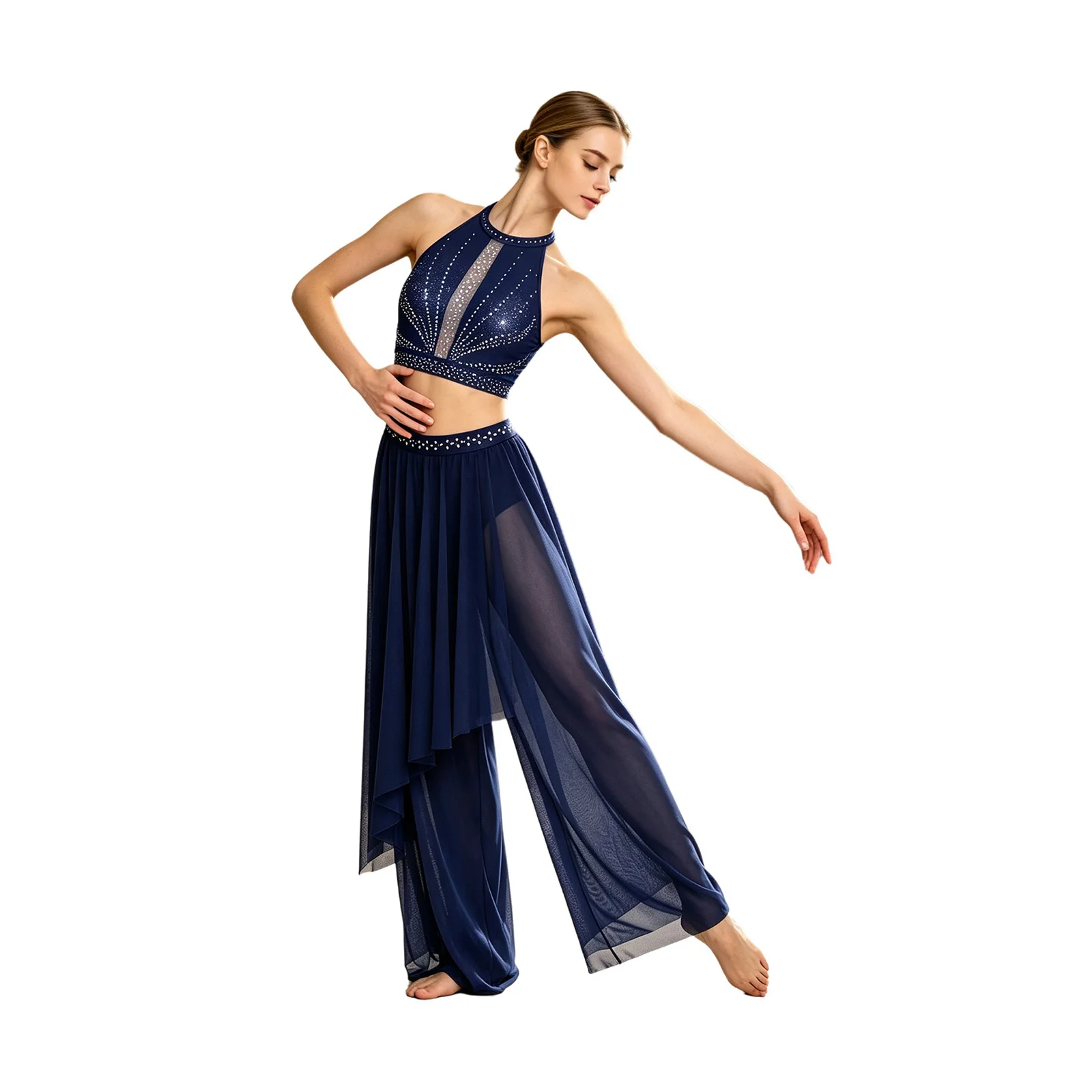 Women Lyrical Dance Sets Rhinestones Sleeveless Back Keyhole Tank Top And Irregular Overlay Built-in Briefs Mesh Pants
