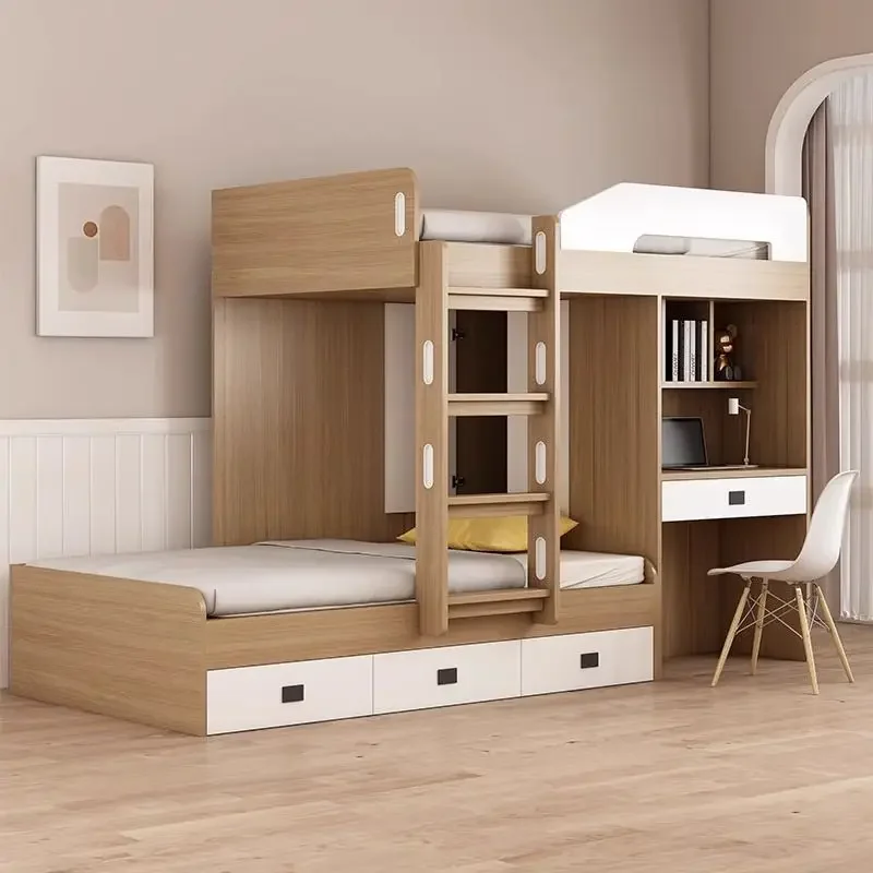 Upper and lower beds Bunk beds Small apartment upper and lower child and mother wooden beds