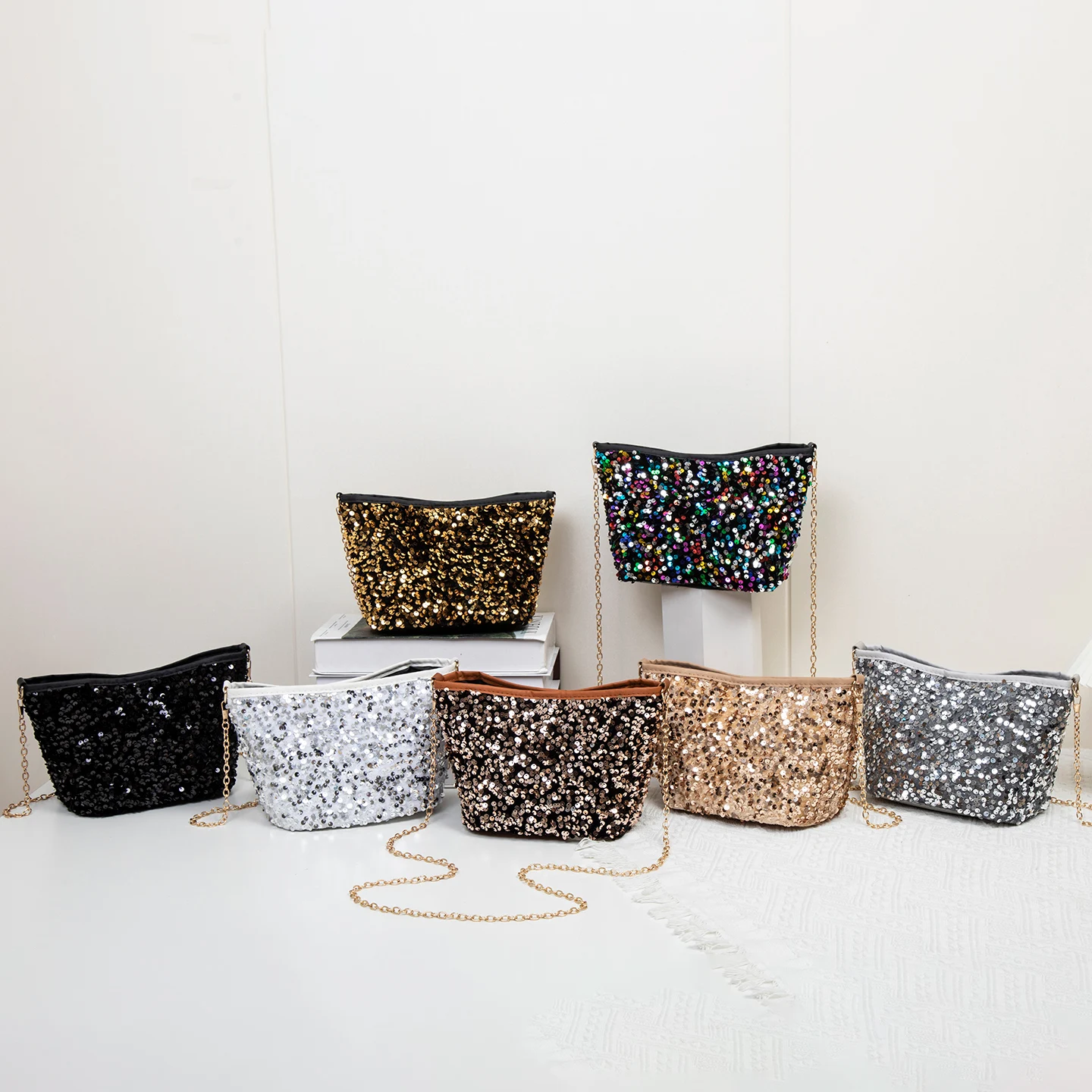 Single-shoulder fashion chain bag, trendy versatile sequin women's bag, stylish bucket bag