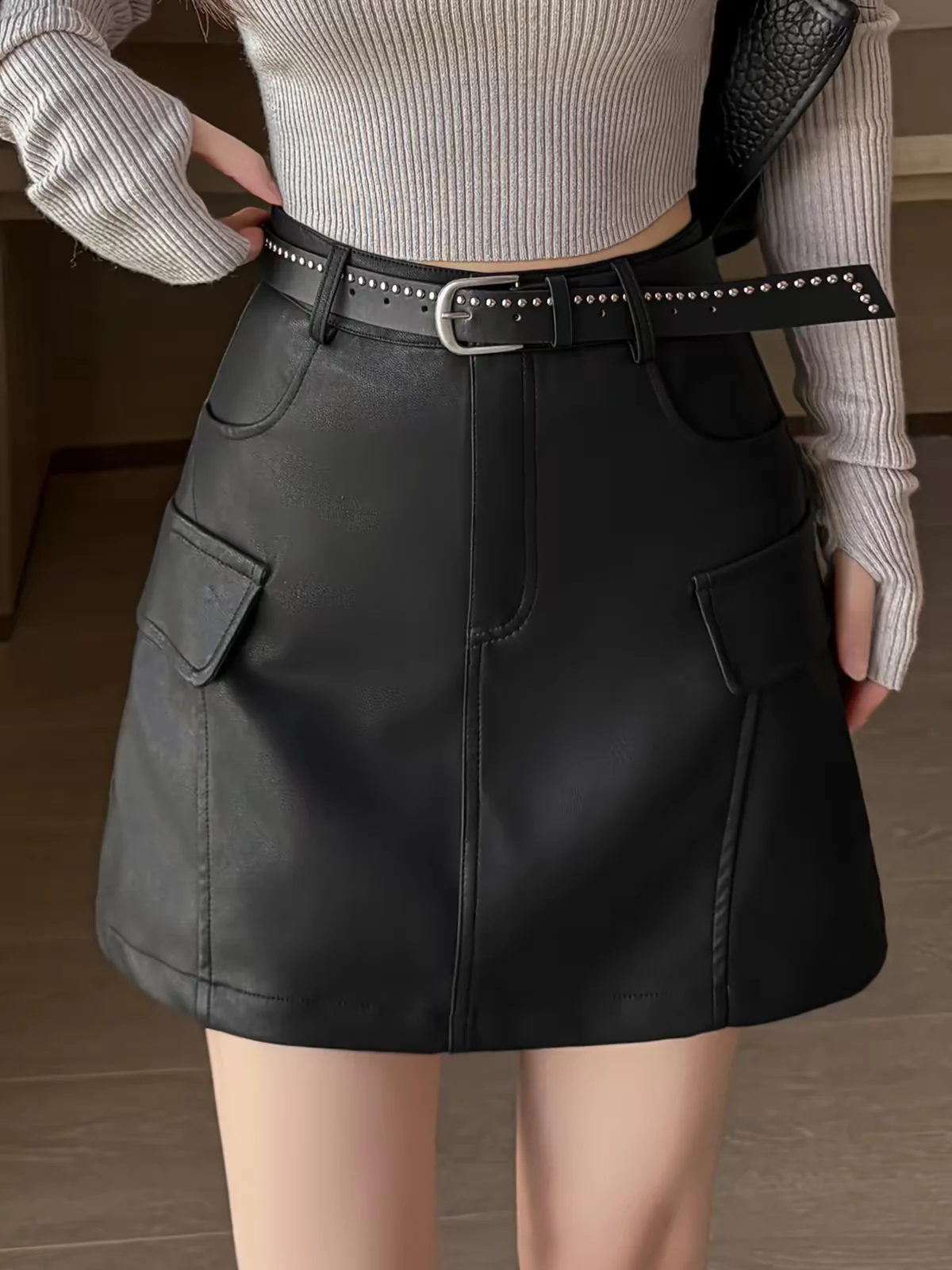 Black PU Leather Mini Skirts for Women High Waist A-Line Faux Leather Bodycon Short Skirt Fall New Petite Slim Fit