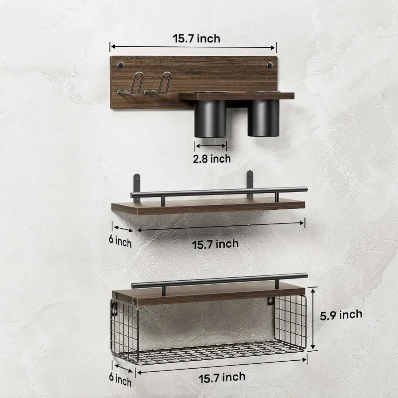 

Floating Shelves with Hair Dryer Holder - Wall Mounted Wood Wall Shelf with Blow Dryer Storage Over The Toilet - Set of 3