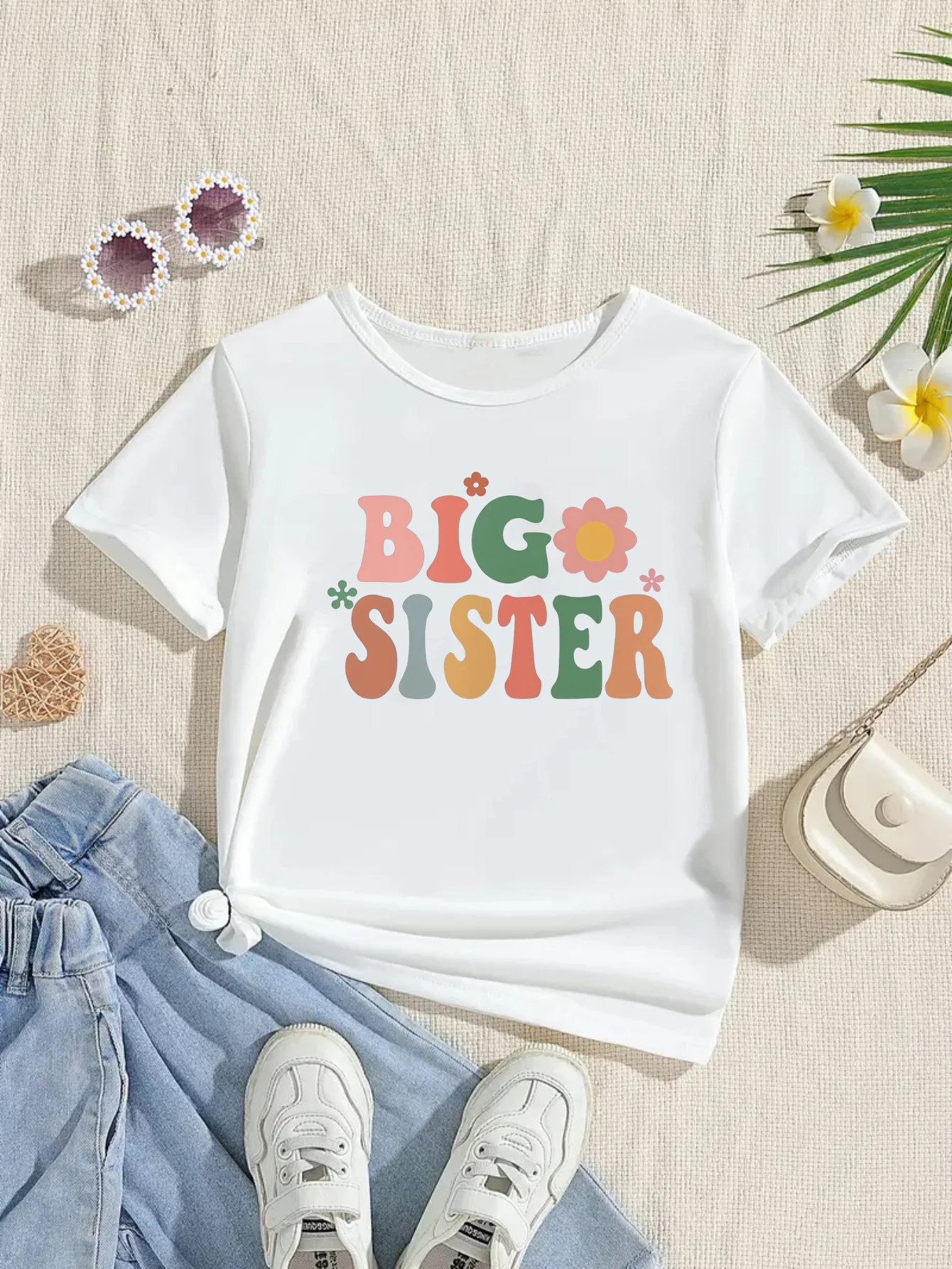 

Colorful Big Sister Hearts Letter Printed T Shirt Girls Summer Short Sleeve T-Shirt Funny Kids Clothes