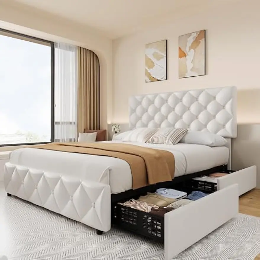 

Каркас кровати размера «queen-size» IDEALHOUSE с 4 ящиками для хранения, каркас кровати на платформе с обивкой из искусственной кожи и регулируемым изголовьем, D