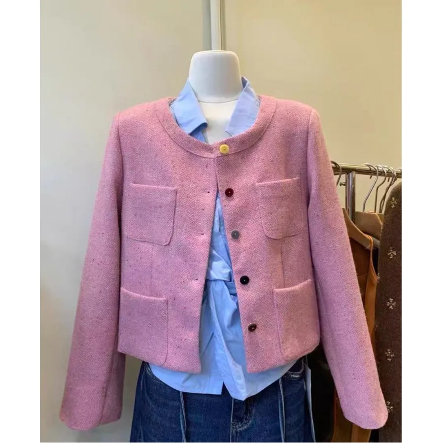 

Весна 2026: Женское высококачественное корейское шерстяное пальто из смесового хлопка с точечным узором, стандартный крой, без капюшона