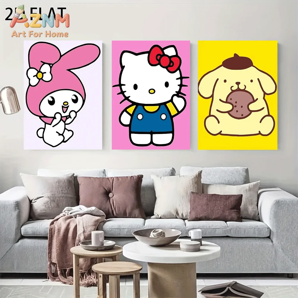 AZNM Sanrio Hello Kitty My Melody Pompompurin Canvas Wall Art Unframed Cute Cartoon Simple Solid Background Character Print Pain