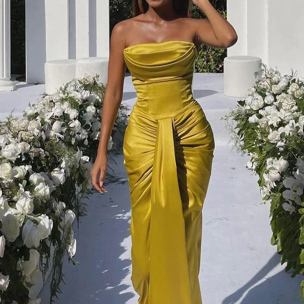 Customized Mermaid Yellow Satin Evening Dress Classic Strapless Sleeveless Sweep Train Saudi Arabia Special Occasion Gowns 2025