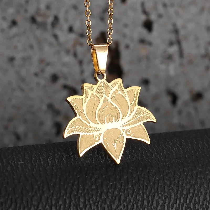 Exquisite Stainless Steel Plant Mandala Lotus Necklace Women's Yoga Om Religious Jewelry