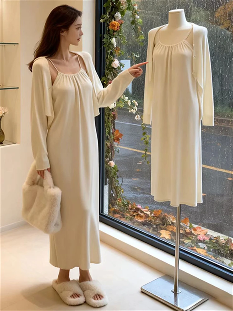 

Chic Korean Sle Women's Two-Piece Set Early Autumn Faion Open Cardigan Top And Beautiful Ne Hanging Dr