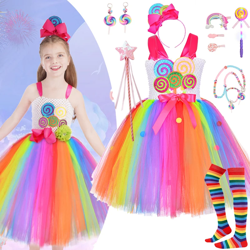 2025 Purim Candy Dress Mesh Tutu Dress for Girls Kids Rainbow Handmade Knitted Dress Childrens Birthday Carnival Party Costumes