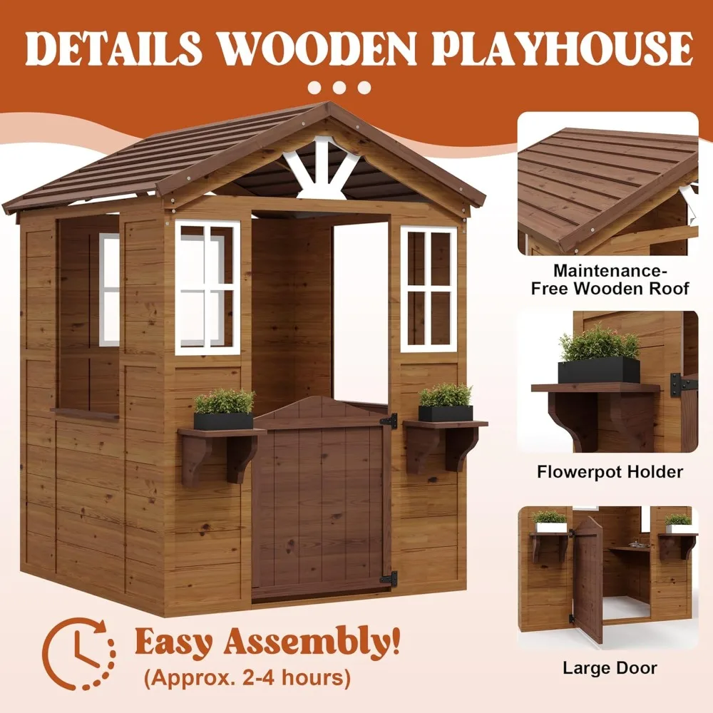 Wooden Playhouse for Kids Outdoor Cottage Cedar Wood Playhouse with Vinyl Roof and Play Kitchen-Fast  delivery