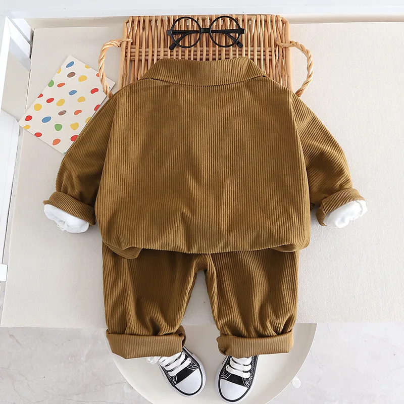 Spring and Autumn Boys Set Casual Lapel Solid Color Boys Coat+Pants 2 Piece Children Clothing Set