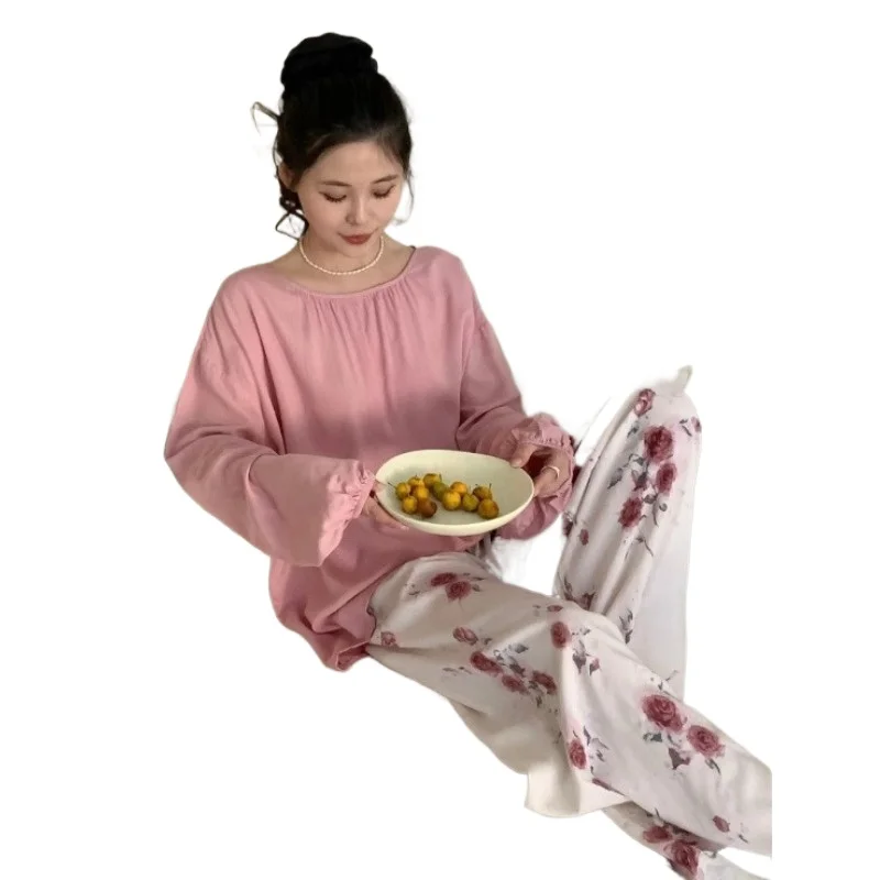 

Women Spring and Autumn Silk Contrast Color Simple Home Dress New Long Sleeve High-grade Pajamas Cotton Silk Suit Summer Size