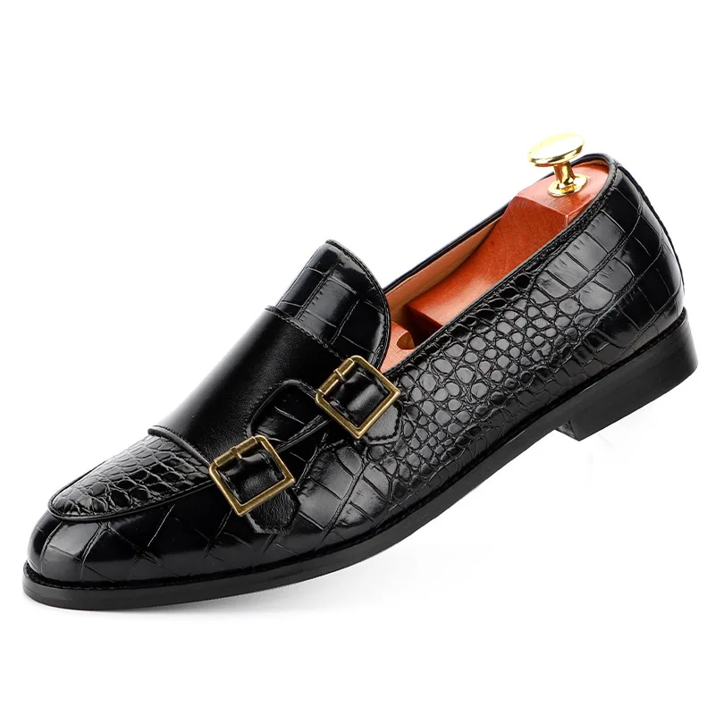 Luxury Business Men Monk Shoes Double Buckle Crocodile Print Wedding Party Office PU Leather Shoes Brown Pointed Toe Loafer