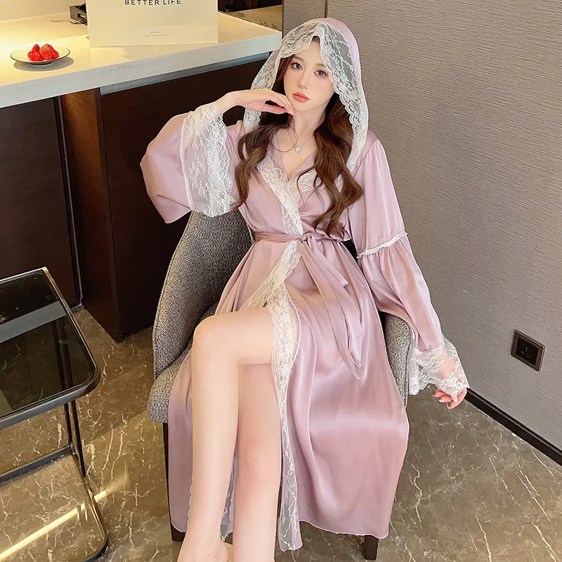 Long Hooded Robe Sexy Nightdress Kimono Bathrobe Gown Sleepwear Women Lace Patchwork Nightwear Loose Lingerie Satin Loungewear