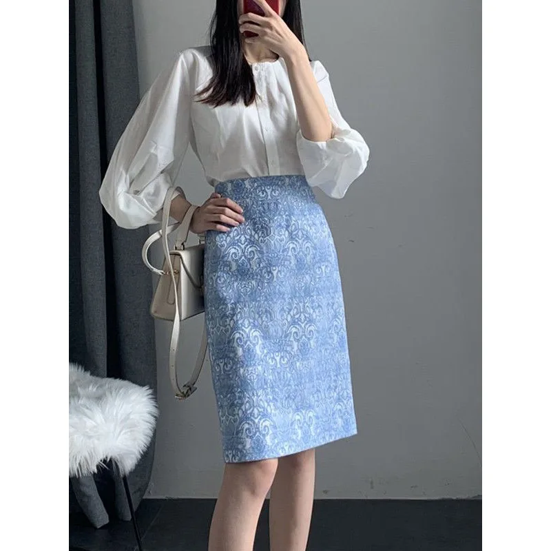 

Fashion Temperament Casual Office Zipper Hip Wrap Skirt Women High Waist Blue Casual All-match Lady Classic Jacquard Skirt