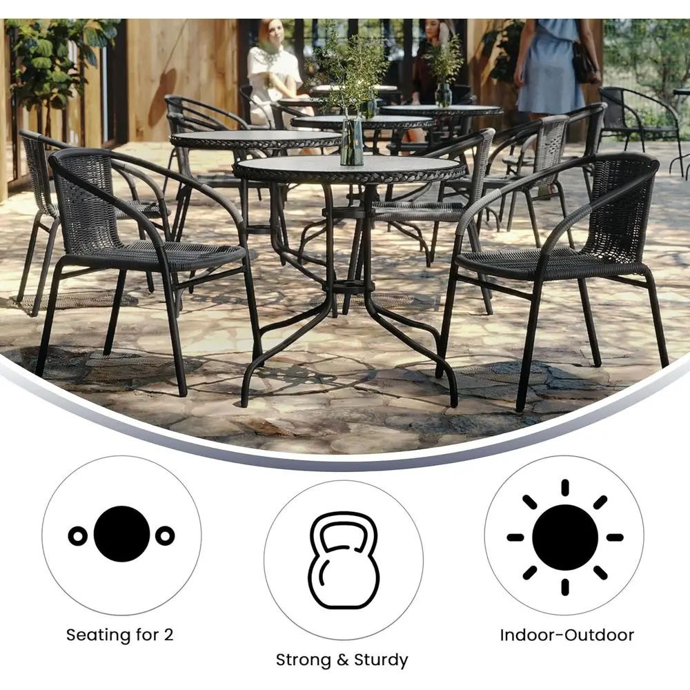 Gray 3-Piece Outdoor Patio Dining Set: Round Glass Top Metal Table with Stackable Rattan Chairs