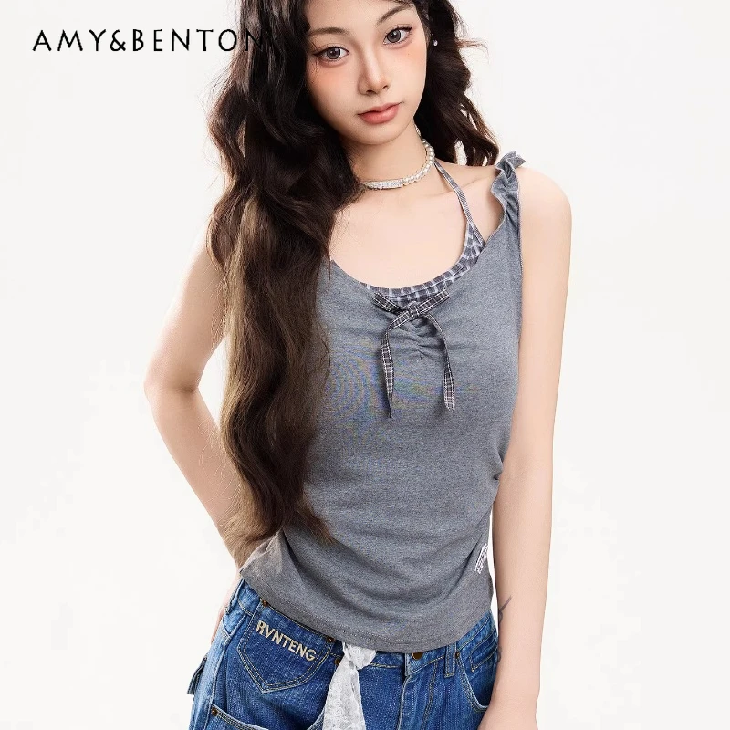 

Sweet Hot Girl Fake Two-piece Plaid Splicing Women's Vest Japanese Design Strap Casual Age Reduction Y2k Sleeveless Sling Ladies