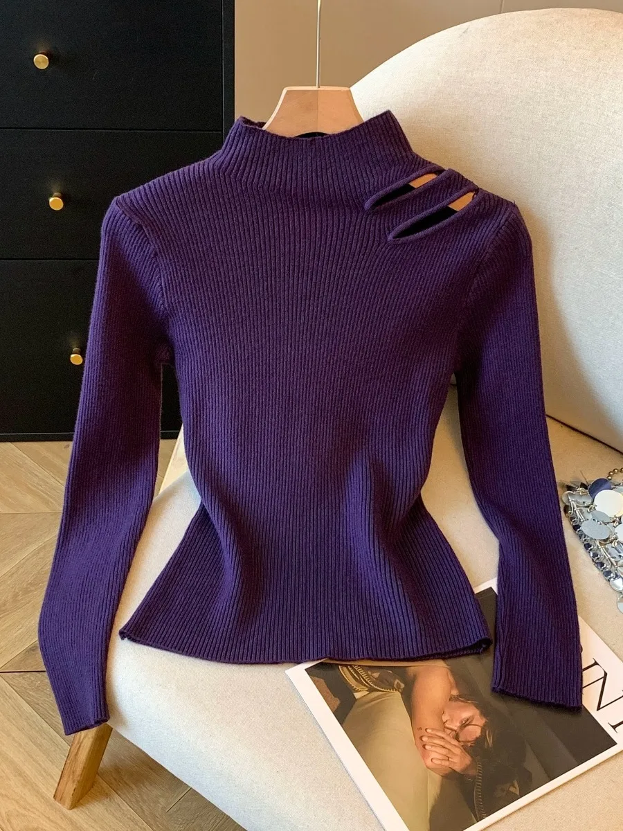 

Ele ape Purple Knitted Sweater Women's Autumn Winter Base Layer Hollow out Semi-High Collar Slim Fit Commute Sle