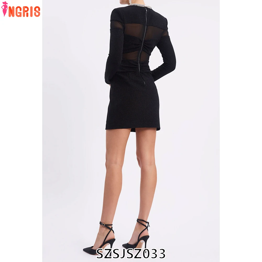 

New Bow Mesh Diamond Nek Strip Dress Black Long Sleeve Short Dresses Evening Women Bandage Dress-SZSJSZ033