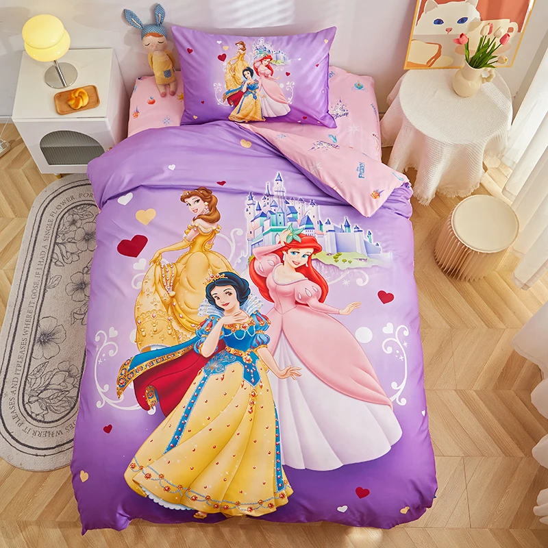 Diseny Cartoon Pink Purple Princess Snow White Bedding Set Single Size Duvet Cover Child Girl  Cute Bedroom Decor