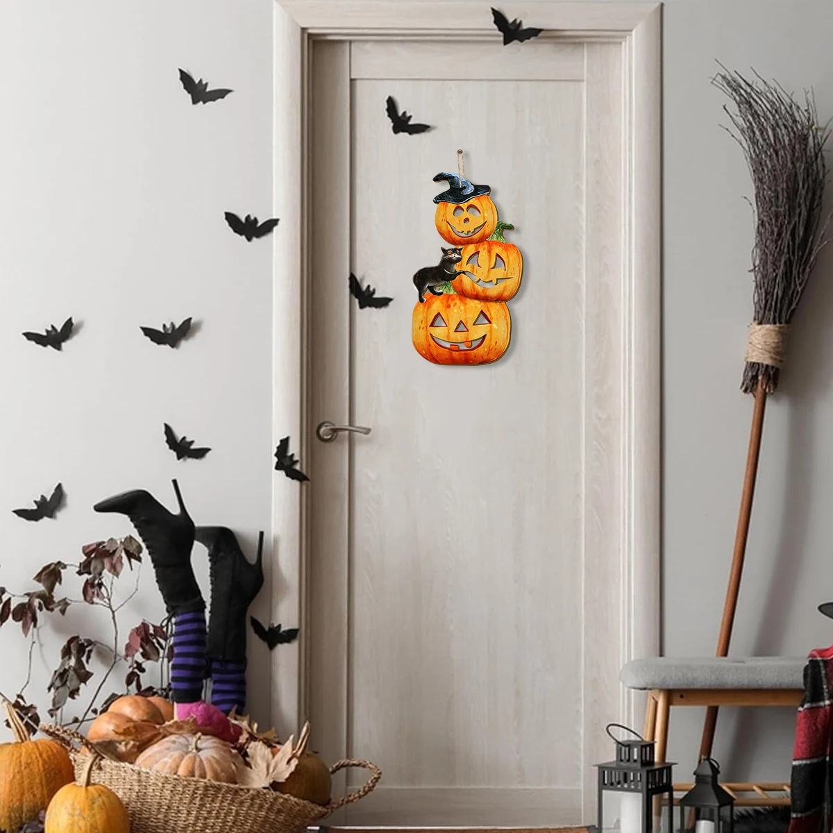 ديكور اليقطين المكدس للهالوين مع قطة سوداء - زخرفة منزلية احتفالية