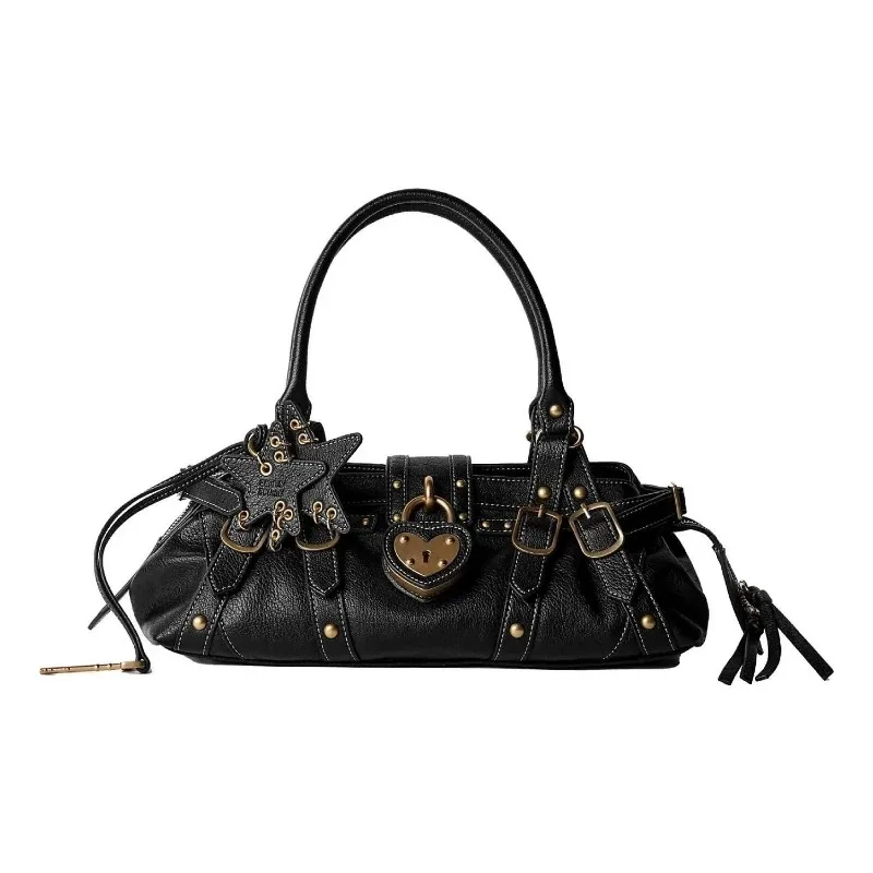 

Moto Chic Handbag Women 2026 New Gothic Punk Heart Padlock Y2k Shoulder Bag Multi-Buckle Rivet Star Pendant Vintage Female Bags