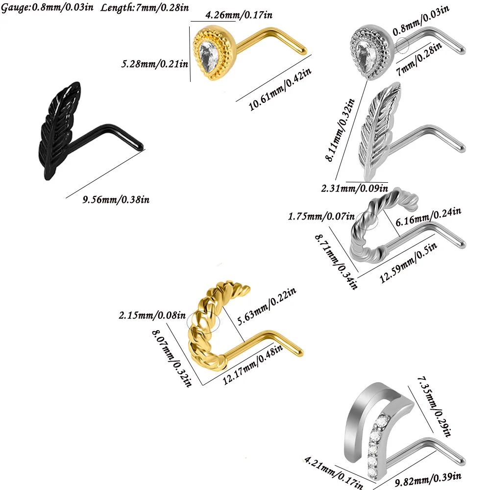 1/3PCS Stainless Steel Curve Shape Arch Zircon L Rod Zirconia Nose Studs Threadless Body Jewelry Piercing 20G For Women