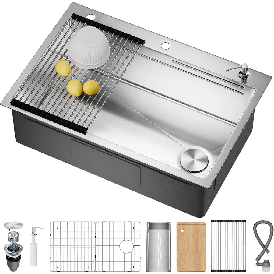 33X22 Drop In Kitchen Sink with PopUp Drain 304 Stainless Steel Workstation Sink Upgraded Fast Drain AntiClog Topmount Single B