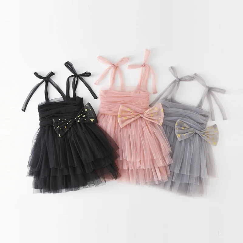 New 2024 Baby Girl Clothes Solid Color Cute Bow Tie Decoration Sling Lolita Baby Girl Dress Birthday Princess Puffy Dresses