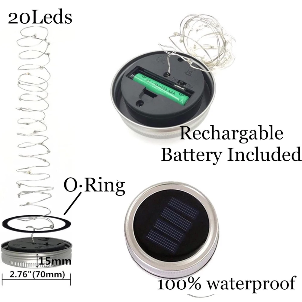 غطاء جرة ميسون بالطاقة الشمسية 20 مصباح LED سلسلة أضواء خرافية مع مقابض لحديقة معلقة فانوس فناء حفل زفاف (بدون جرة)