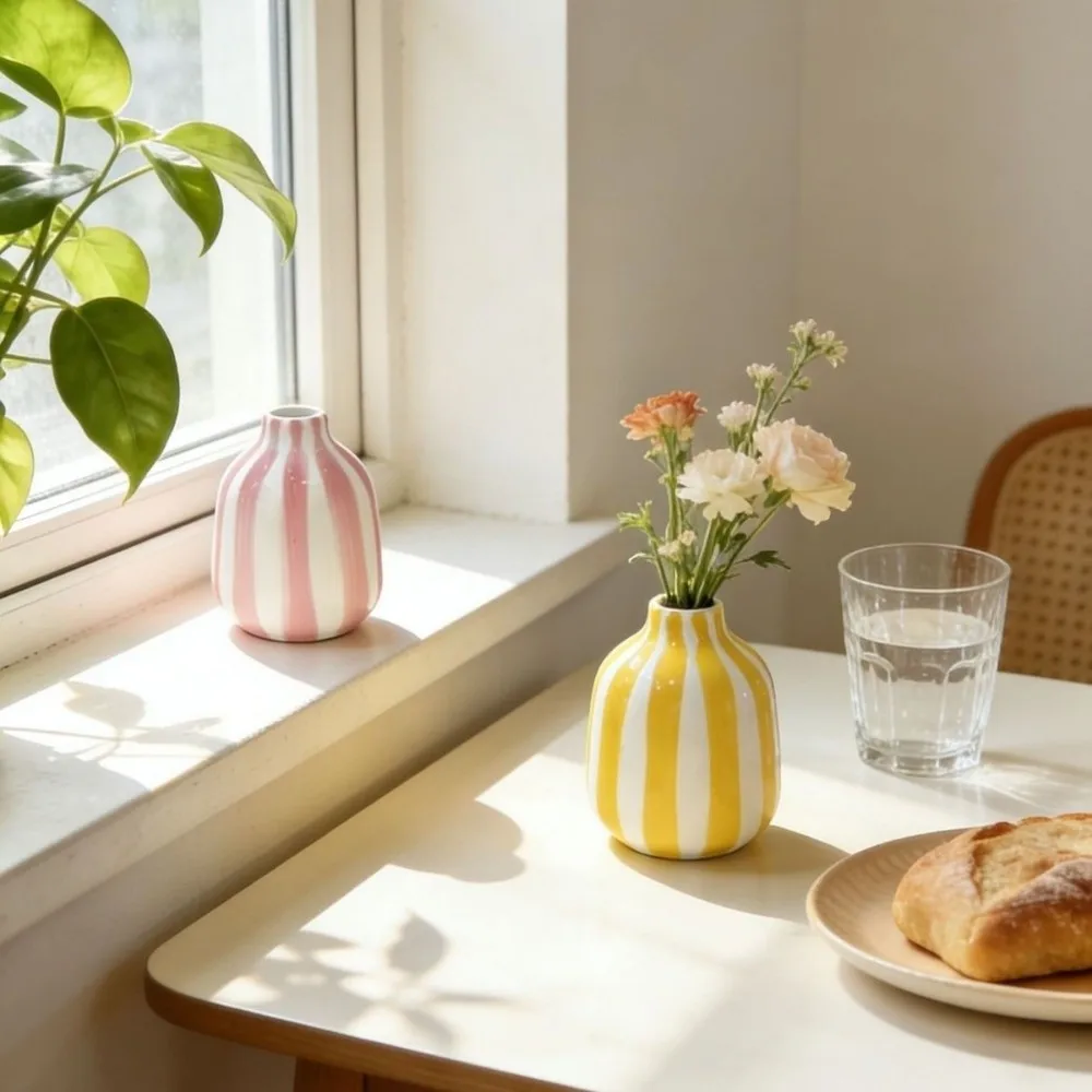 Nordic Style Ceramic Vase Candy Color Decorative Vase Stripes Vase Minimalism Flower Arrangement Container