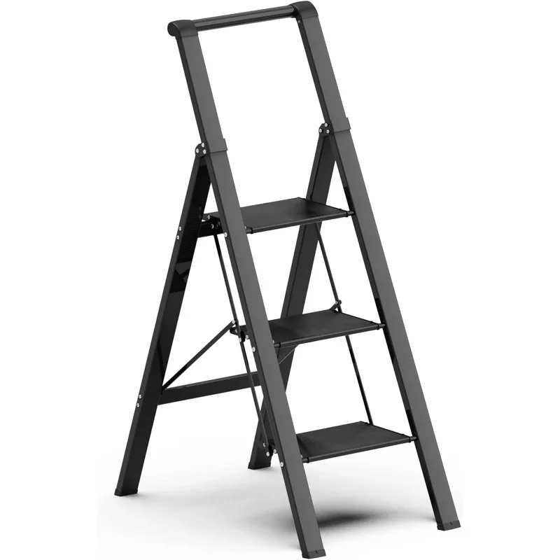 

3 Step Ladder, Slim Folding Steps Stool with Handrail,Lightweight Aluminum Alloy Foldable Black Ladder with Anti-Slip Wide Pedal