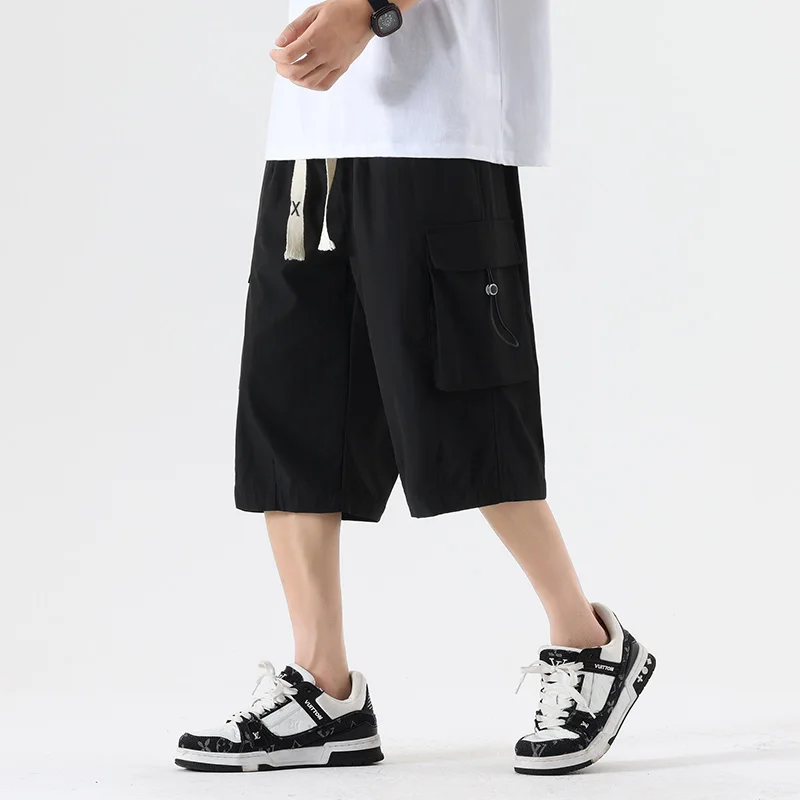 Summer Men's Cropped Pants Quick Drying Outdoor Travel Hiking Short Cargo Trousers Oversized Straight Pocket Calf-Length Pants