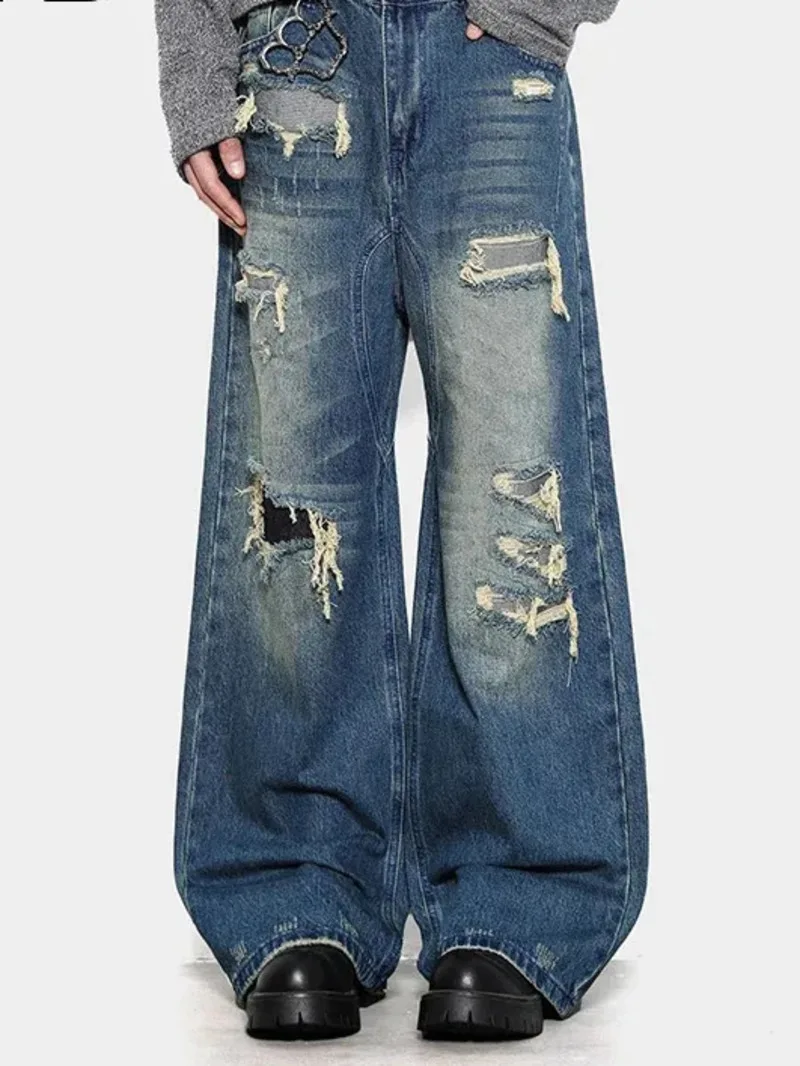 American Style Men Denim Trousers Holes Design Patch Jeans Contrast Color Washed Straight Leg All-match Male Bottom 9WN8BJ