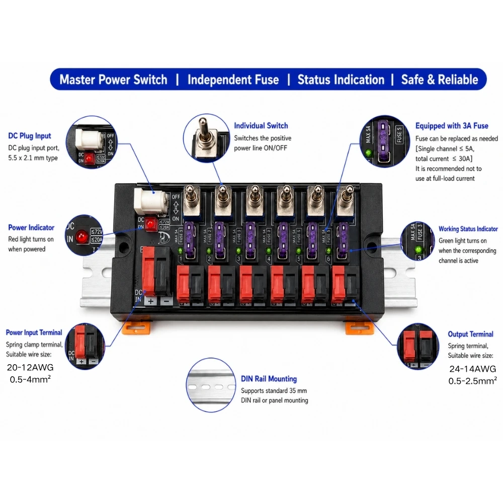 6 Channel DIN Rail Mount DC Power Distribution Module with LED Indicator Fuse per Channel