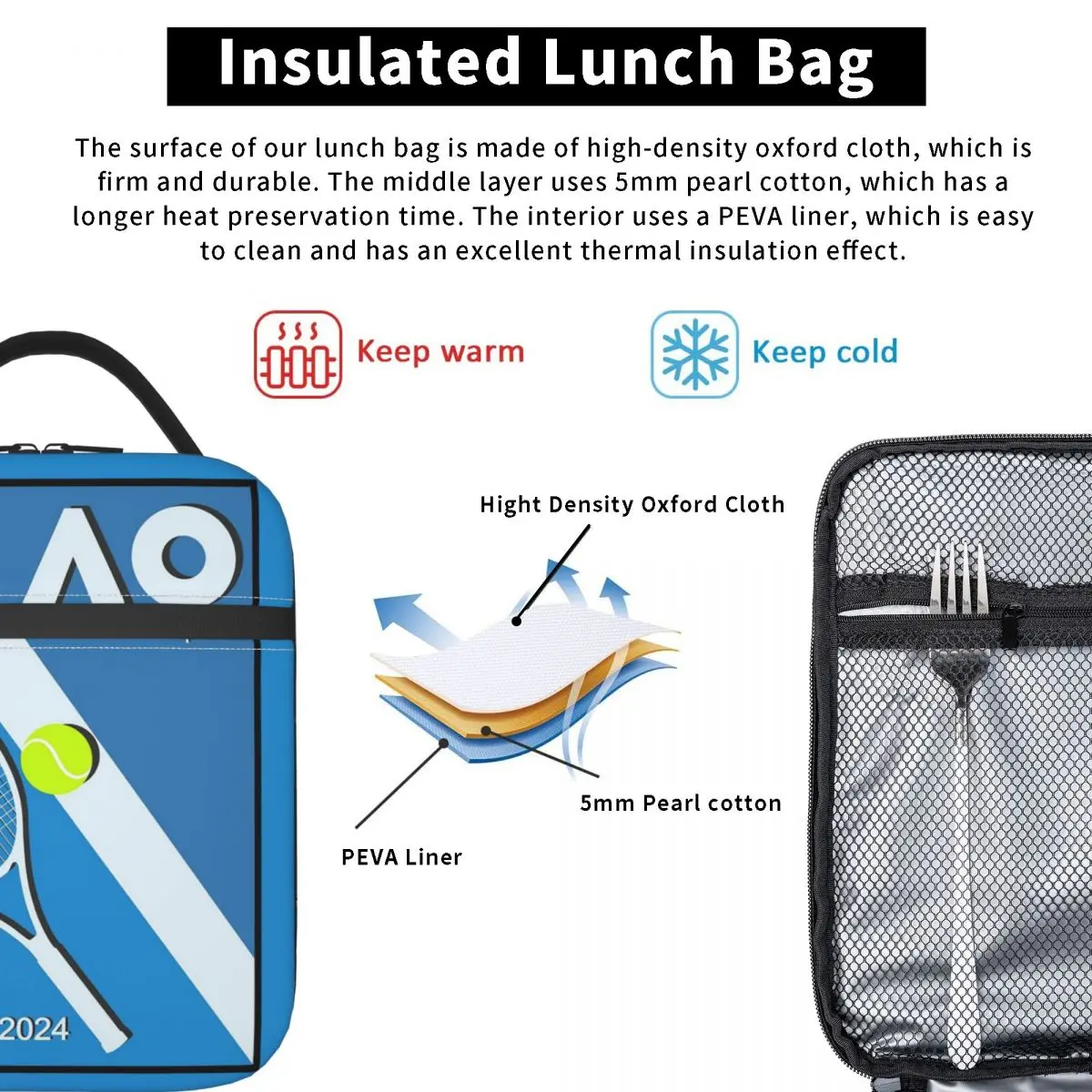 Australian Open AO Insulated Lunch Bag for Women Children Portable Food Boxes Thermal Lunch Box Tote