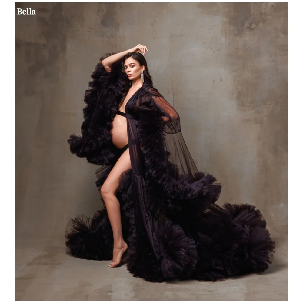 Bella Customize Black Maternity Robe robes de soirée Mesh Fabric Long Sleeves Prom Dresses Floor-Length Wedding Dress Side Slit