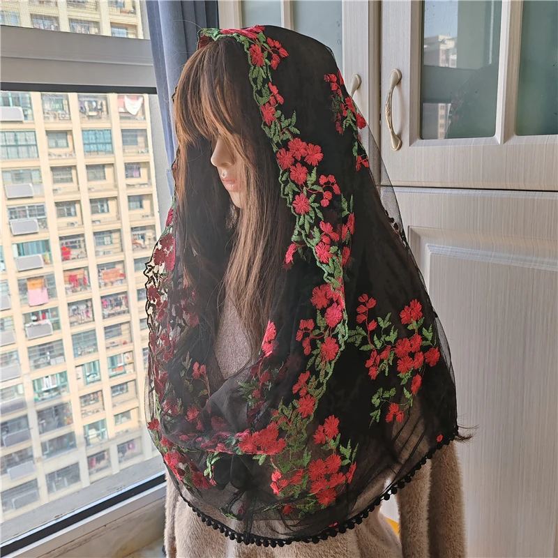 

Infinity Floral Women Veils Catholic Black Tulle For Mass Church Head Covering Vintage Chapel Red Green Embroidered Flowers
