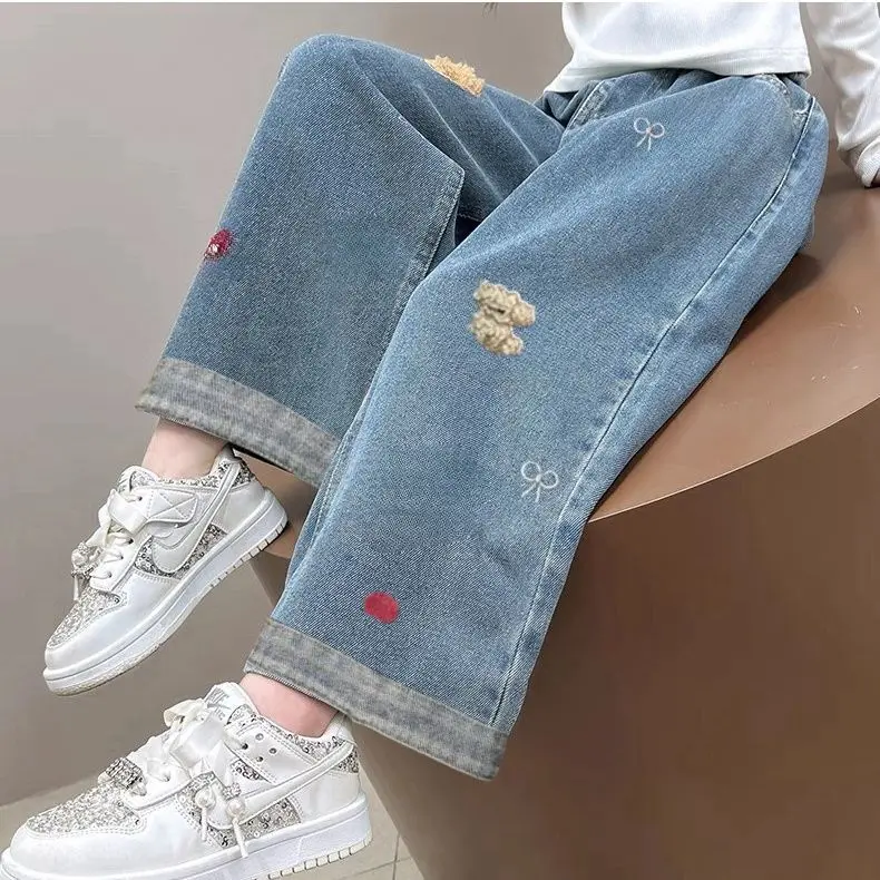 

Trousers for Children Girl Clothes Fashion Embroidery Jeans Straight Pants Loose Denim Wide Leg Pants 12 Girl Clothes 2-11Y