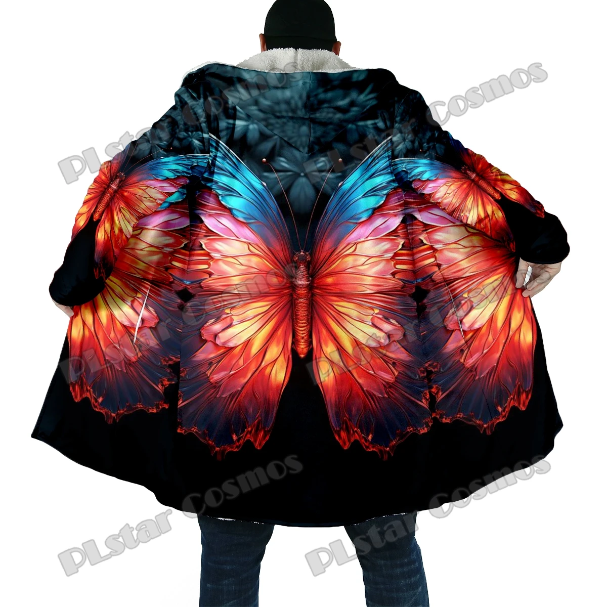 Borboleta e flores masculinas estampadas de lã grossa com capuz, casaco de capa quente casual unissex, 3D todo, moda inverno, DP42