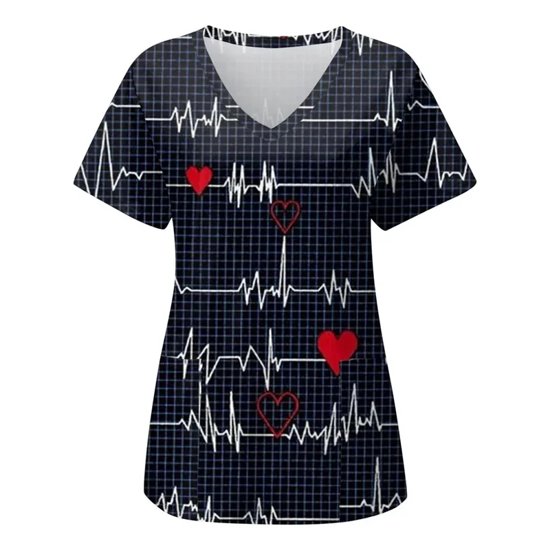 Medical Care Heart PrintVCollar Short SleeveTWomen's health care workwear, beauty salon and pet hospital uniform tops