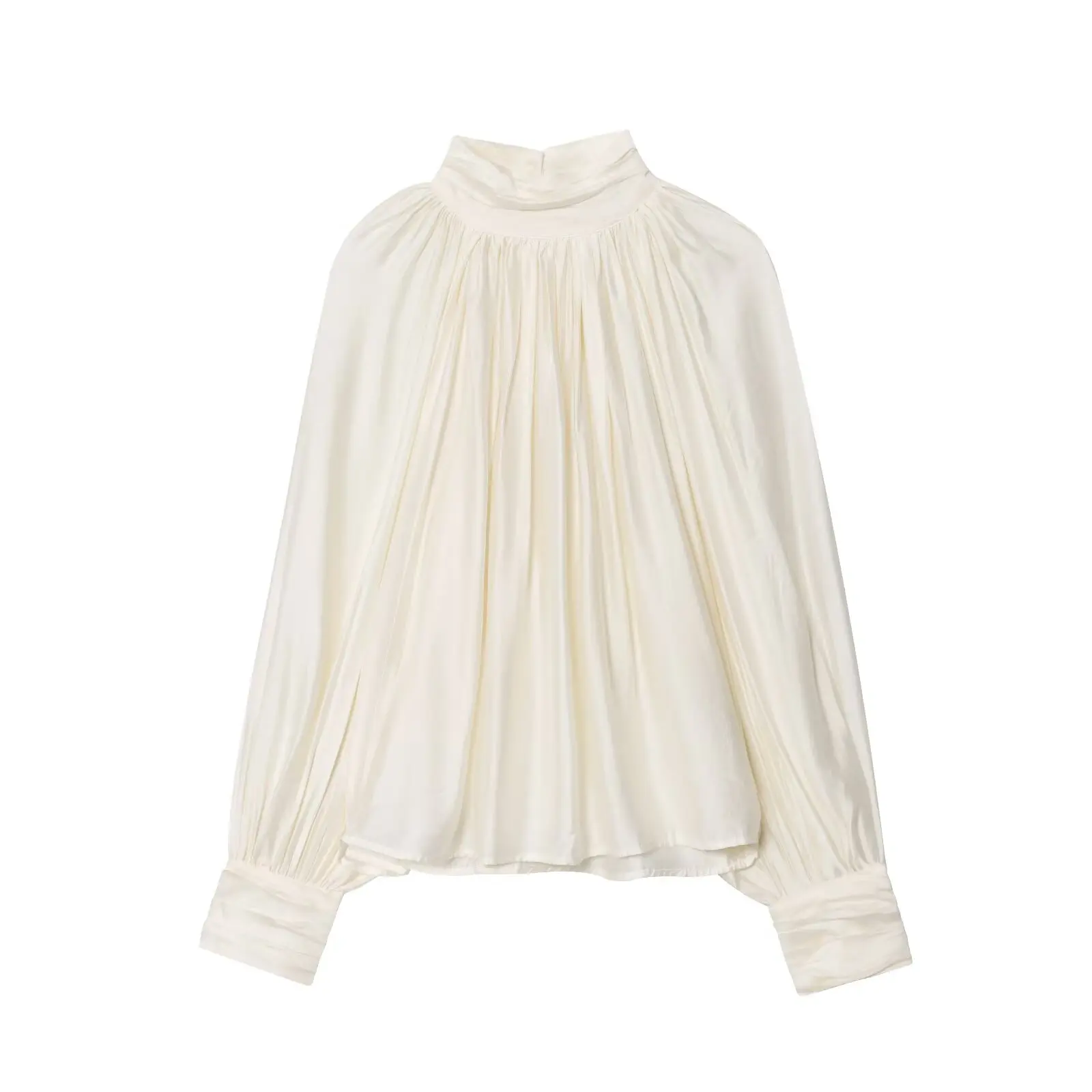 BSAY 2026 Französische Minimalistische Damen-Satinbluse mit Stehkragen, gerafftem Design, Laternenärmeln, lockerem Schnitt, glänzend, elegant, für Bürokleidung, Oberteil – Detail 5