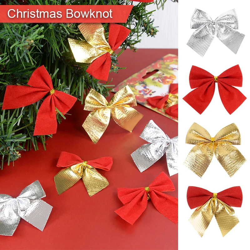 12pc 6cm Christmas Bowknot Xmas Tree Ornament Gold Red Silver Bow Merry Christmas Decoration For Home New Year 2024 Navidad Gift