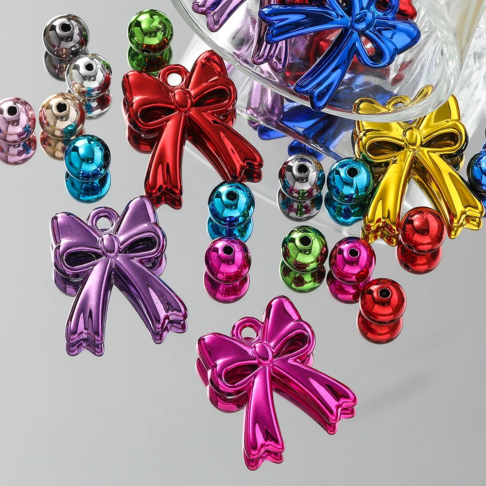 5-20pcs 8/10/12mm Round Acrylic Beads Colorful Bow Spacer Loose Bead for Christmas Decoration DIY Jewelry Making Accessories