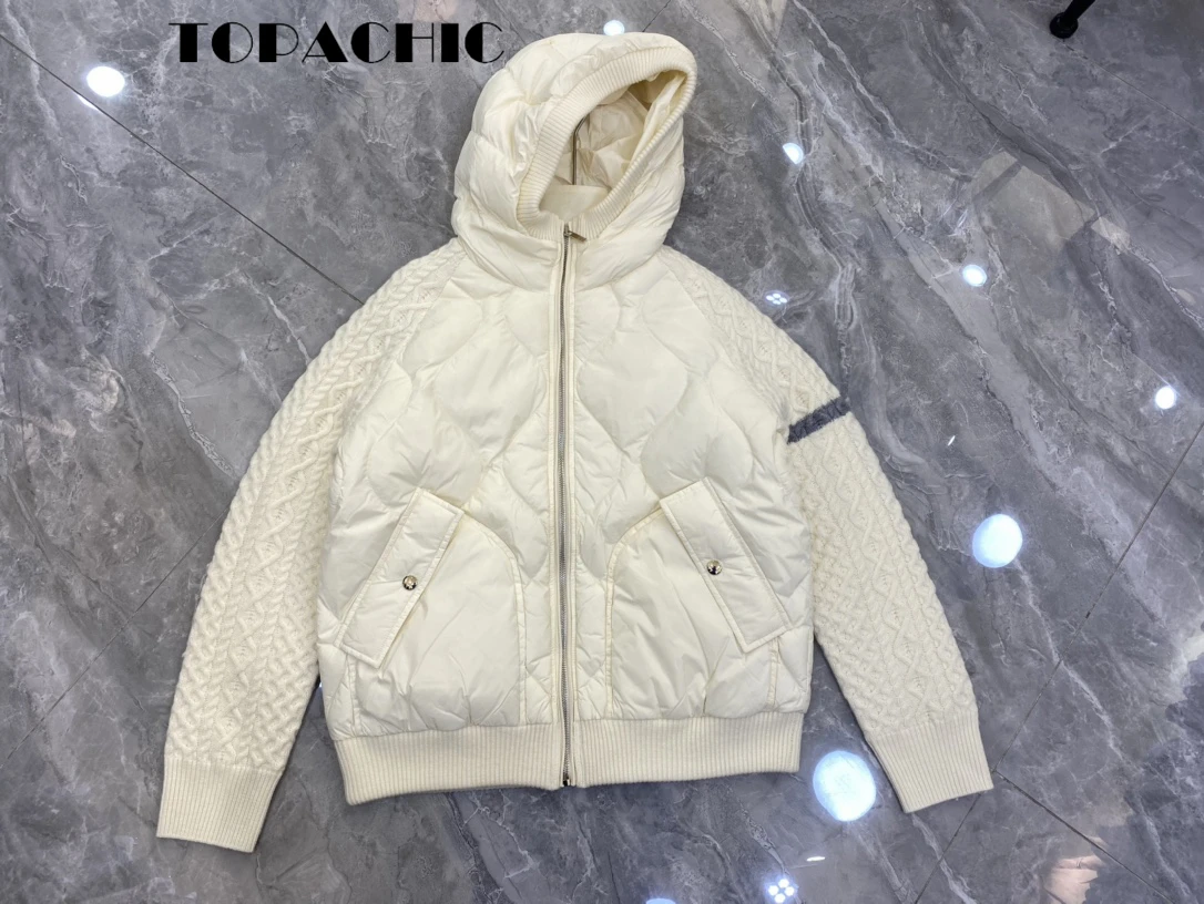 TOPACHIC-Chaqueta de plumón de pato con cremallera para mujer, abrigo de punto a rayas, manga larga, con capucha, 11,21