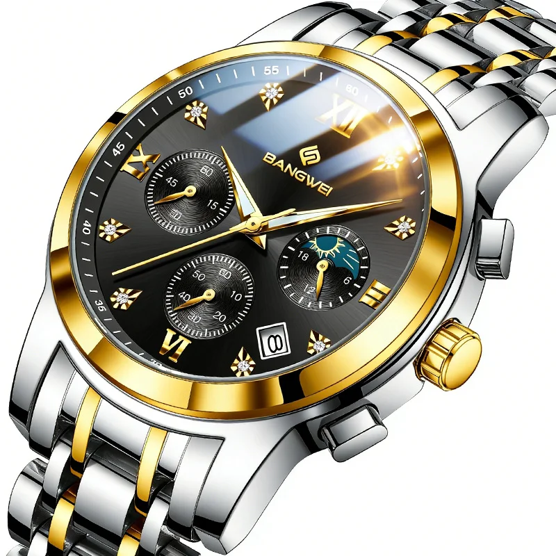 

BANGWEI Top Brand Luxury New Mens Watches Moon Phase Steel Watch for Men Waterproof Luminous Quartz Man Wristwatch+Box