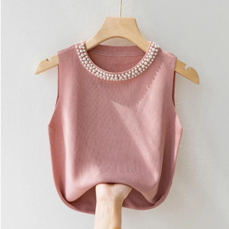 Solid Color Nail Bead Sleeveless Camisole Vest for Women Spring Autumn New Slim Fit Small Fragrance Style Lady Knitted Top 7115